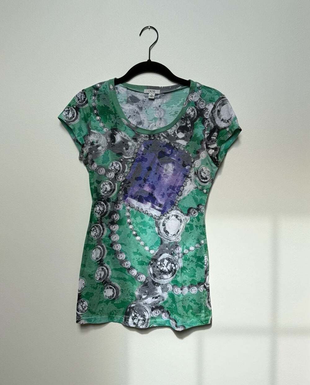 Cache Green Purple Sparkle rhinestone Graphic T-Shirt XS